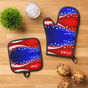 Patriotic Stars & Stripes Abstract American Flag 3 Oven Mitt & Pot Holder Set