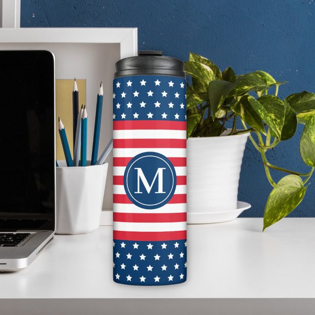 Patriotic Stars Stripes Monogram Custom Thermal Tumbler (Creator Uploaded)