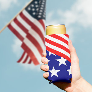 Patriotic Stars Stripes Red White Blue Can Cooler