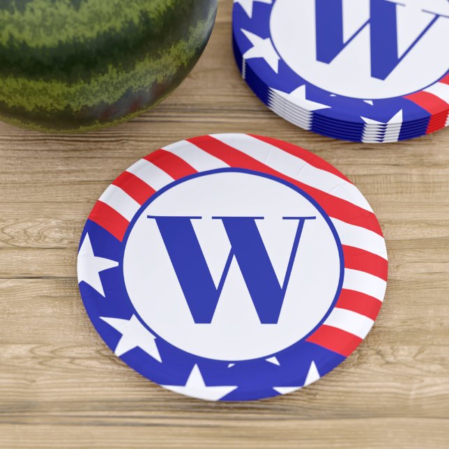Patriotic Stars Stripes Red White Blue Paper Plate (These red, white, and blue plates are a must-have for any 4th of July or patriotic picnic shindig)
