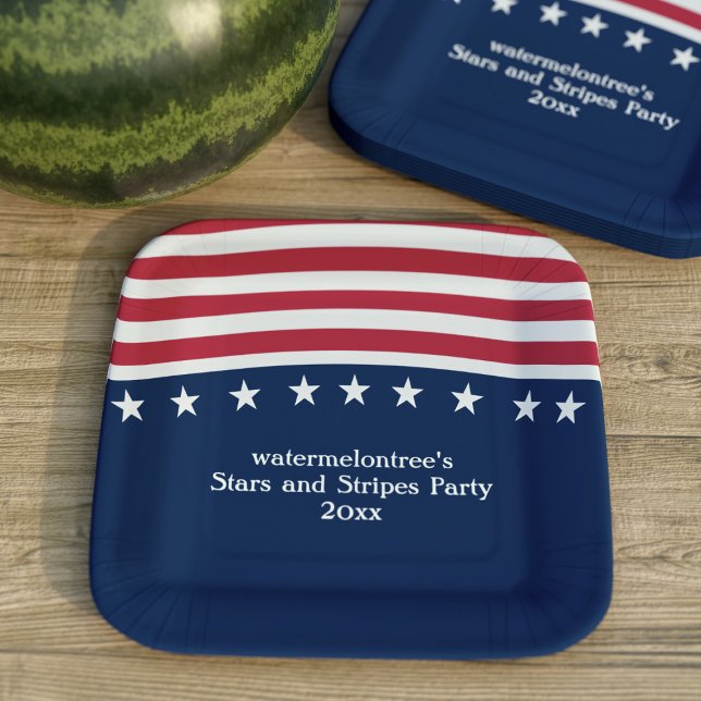 Patriotic Stars Stripes Red White Blue Square Paper Plate (Fire up the grill, grab your sparklers, and let's get this party started!)
