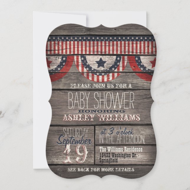 Patriotic Stars & Stripes Rustic Wood Baby Shower Invitation (Front)