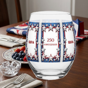 Patriotic Stars Stripes USA 250th Anniversary Chic Stemless Wine Glass