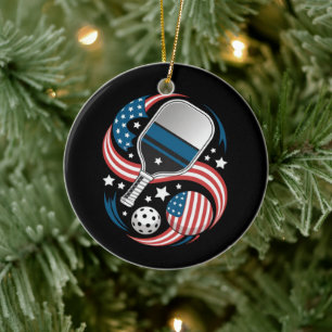 Patriotic Stars Stripes USA Flag Pickleball Ceramic Tree Decoration