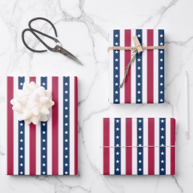 Patriotic Stripes with Stars (vertical) Wrapping Paper Sheet (Front)