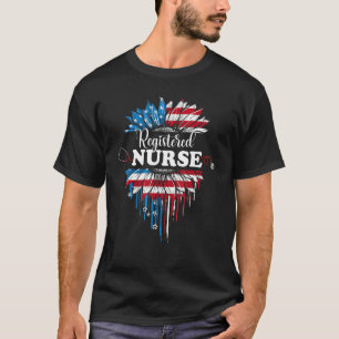 Patriotic Sunflower Usa Flag Rn Stethoscope 4th Of T-Shirt