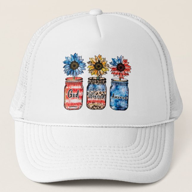 Patriotic Sunflowers in Jars | God Blessed America Trucker Hat (Front)