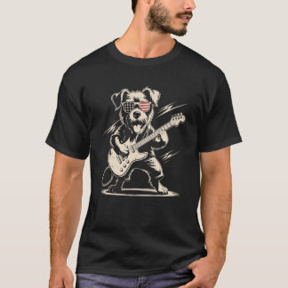 Patriotic Sunglasses American Flag Dog Playing Gui T-Shirt