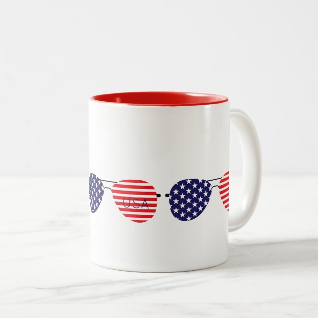 Patriotic Sunglasses Red White Blue USA Cool Two-Tone Coffee Mug (Front Right)