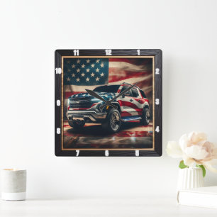 Patriotic SUV American Flag Square Wall Clock