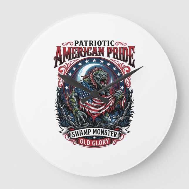 Patriotic Swamp Monster Old Glory Horror Monster P Large Clock (Front)