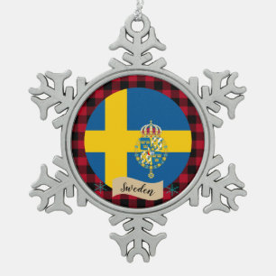 Patriotic Sweden, Red buffalo plaid, Swedish Flag Snowflake Pewter Christmas Ornament