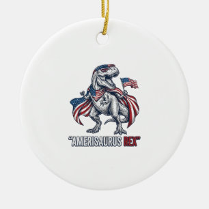 Patriotic T-Rex Amerisaurus Rex White Shirt Design Ceramic Tree Decoration