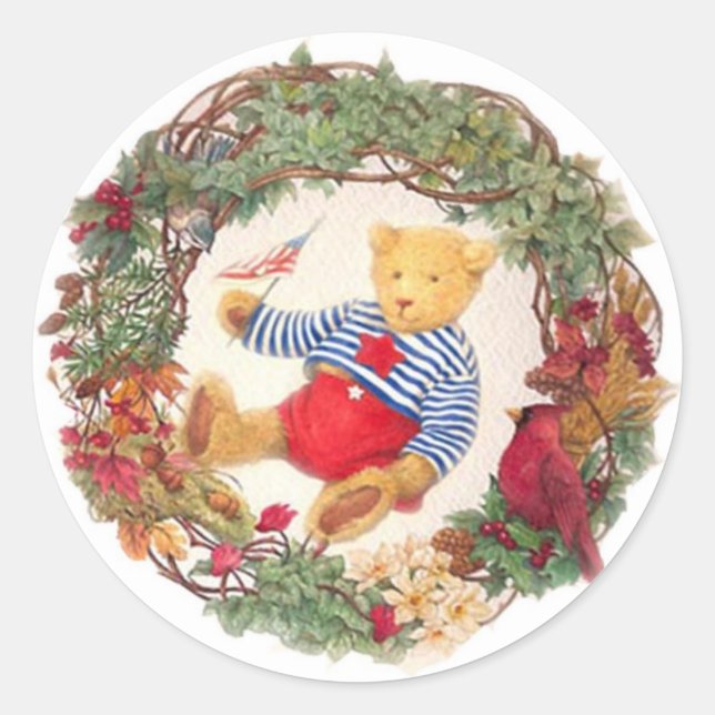 Patriotic Teddy Bear Holiday Wreath Classic Round Sticker (Front)