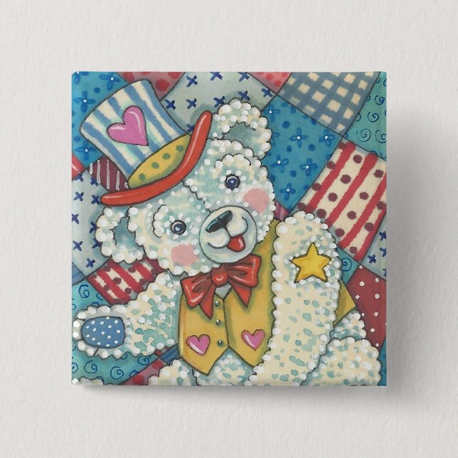 PATRIOTIC TEDDY BEAR & PATCHWORK BUTTON Square (Front)