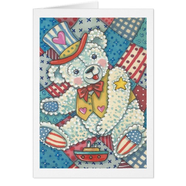 PATRIOTIC TEDDY BEAR & QUILT GREETING CARD Blank (Front)
