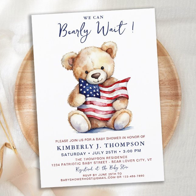 Patriotic Teddy Bear Red White Blue Baby Shower Invitation (Creator Uploaded)