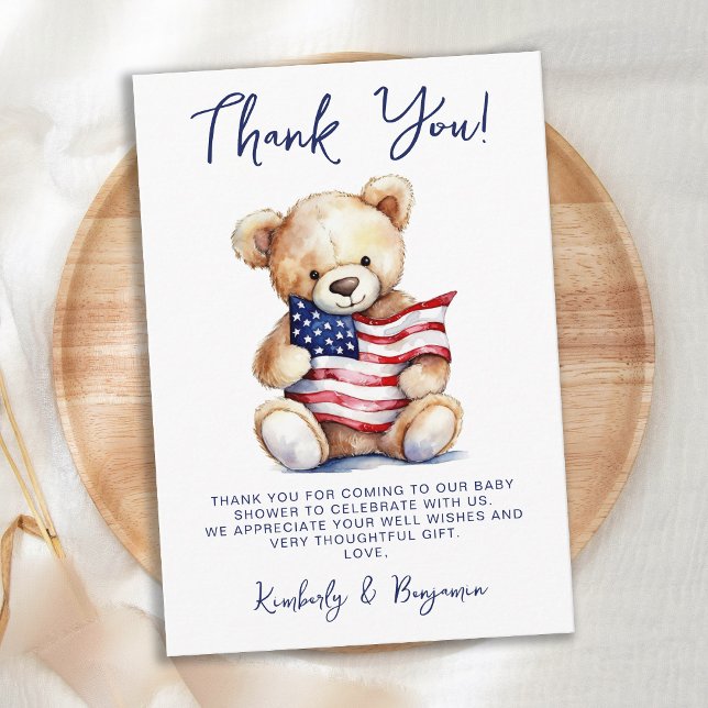 Patriotic Teddy Bear Red White Blue Baby Shower Thank You Card (Creator Uploaded)