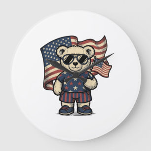 Patriotic Teddy Bear Vintage Engraving Shirt Desig Large Clock