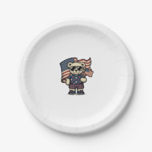 Patriotic Teddy Bear Vintage Engraving Shirt Desig Paper Plate