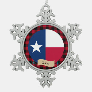 Patriotic Texas, buffalo plaid, Texas Flag, USA Snowflake Pewter Christmas Ornament