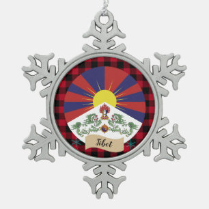Patriotic Tibet, Red buffalo plaid & Tibetan Flag Snowflake Pewter Christmas Ornament