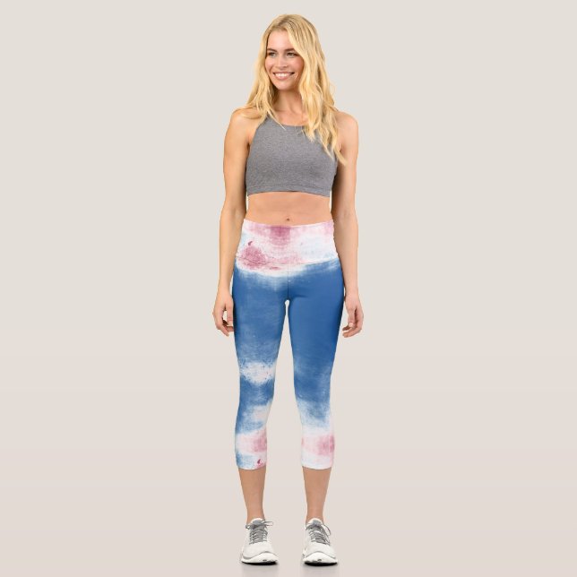 Patriotic Tie Dye Red, White and Blue Capri Leggings (Front)