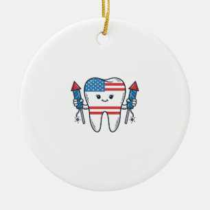 Patriotic Tooth Mascot Fireworks Vector Design_1 Ceramic Tree Decoration