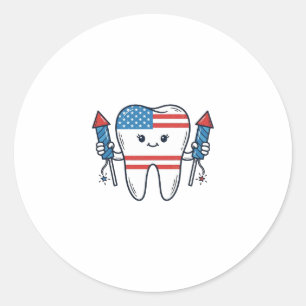 Patriotic Tooth Mascot Fireworks Vector Design_1 Classic Round Sticker