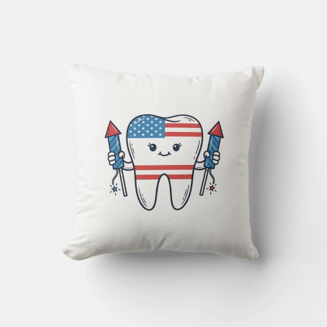 Patriotic Tooth Mascot Fireworks Vector Design_1 Cushion (Front)