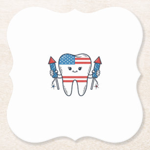 Patriotic Tooth Mascot Fireworks Vector Design_1 Paper Coaster
