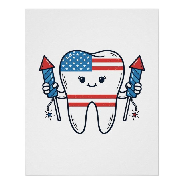 Patriotic Tooth Mascot Fireworks Vector Design_1 Poster (Front)