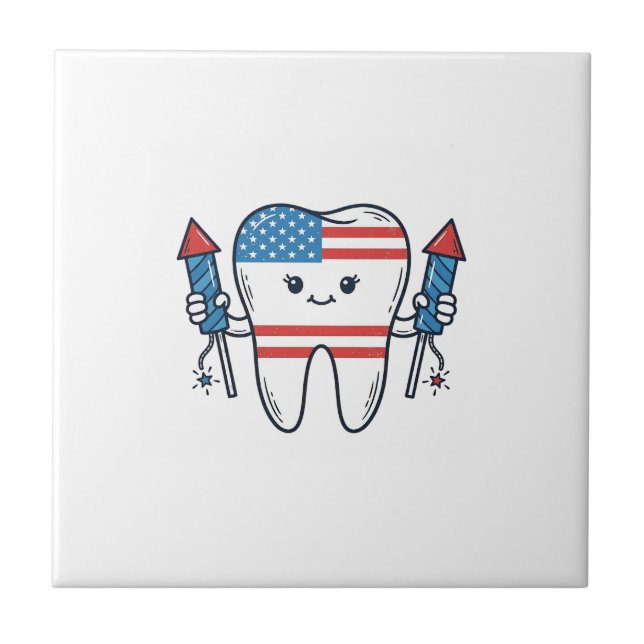 Patriotic Tooth Mascot Fireworks Vector Design_1 Tile (Front)