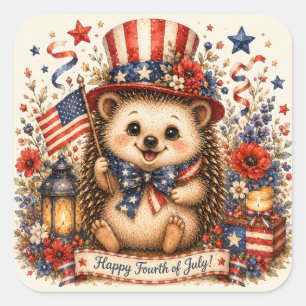 Patriotic Top Hat Hedgehog Watercolor Art Square Sticker