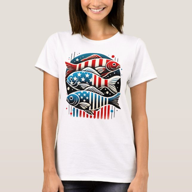 Patriotic Trio of Fish – Red, White & Blue Art Pri T-Shirt (Front)