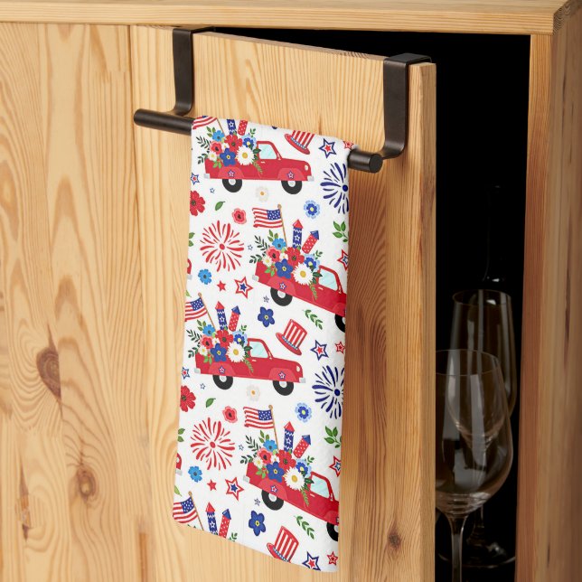 Patriotic truck and fireworks pattern  tea towel (Thirds Fold)