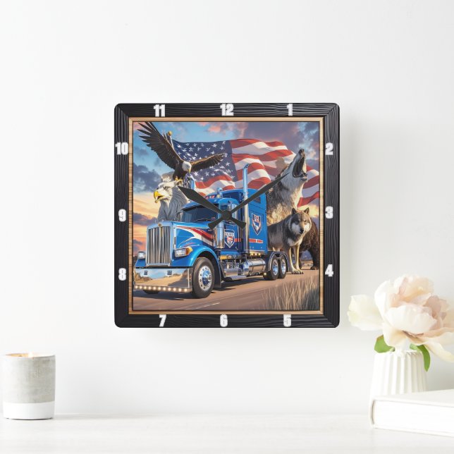  Patriotic Truck Eagle Wolf USA  Square Wall Clock (Home)