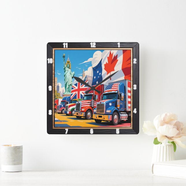 Patriotic Trucks Global Unity Square Wall Clock (Home)