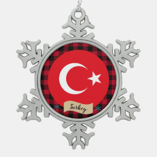Patriotic Turkey, buffalo plaid, Turkish Flag Snowflake Pewter Christmas Ornament
