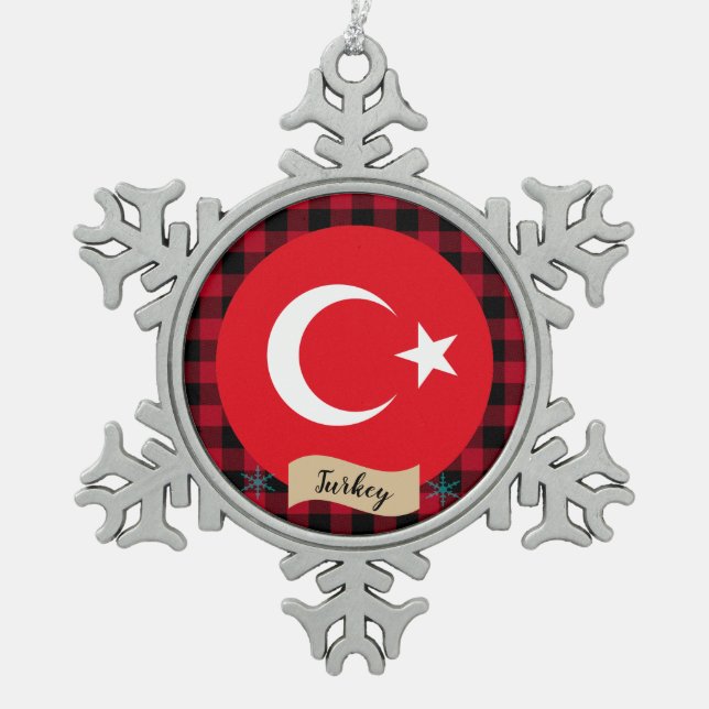 Patriotic Turkey, buffalo plaid, Turkish Flag Snowflake Pewter Christmas Ornament (Front)