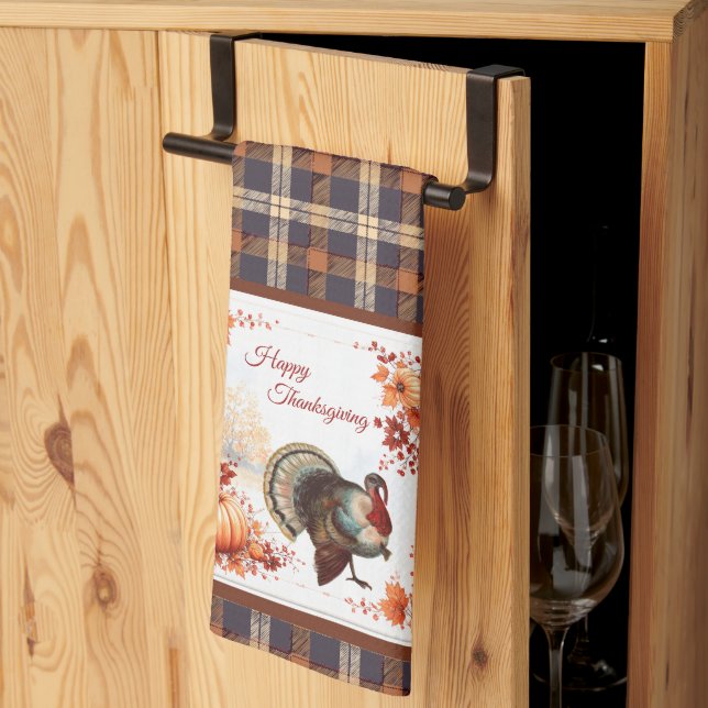 Patriotic Turkey Thanksgiving on Plaid Tea Towel (Thirds Fold)