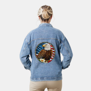 Patriotic U.S. Flag Bald Eagle Flowers Graphic Denim Jacket