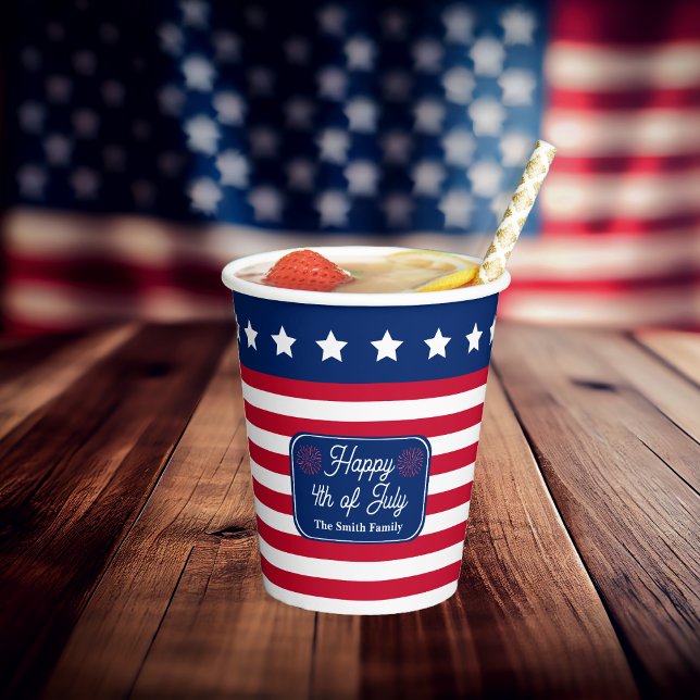 Patriotic U.S. Flag Happy 4th of July Family Name Paper Cups (Patriotic U.S. Flag "Happy 4th of July" Family Name Paper Cups)