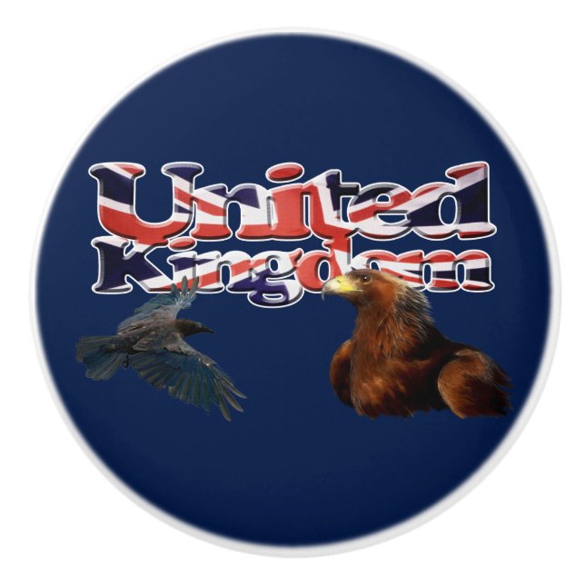 Patriotic UK Flag, Golden Eagle and Raven Ceramic Knob (Front)