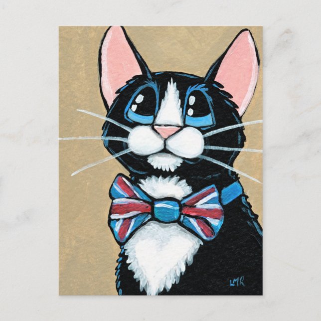 Patriotic UK Tuxedo Cat wearing Bow Tie Painting Postcard (Front)