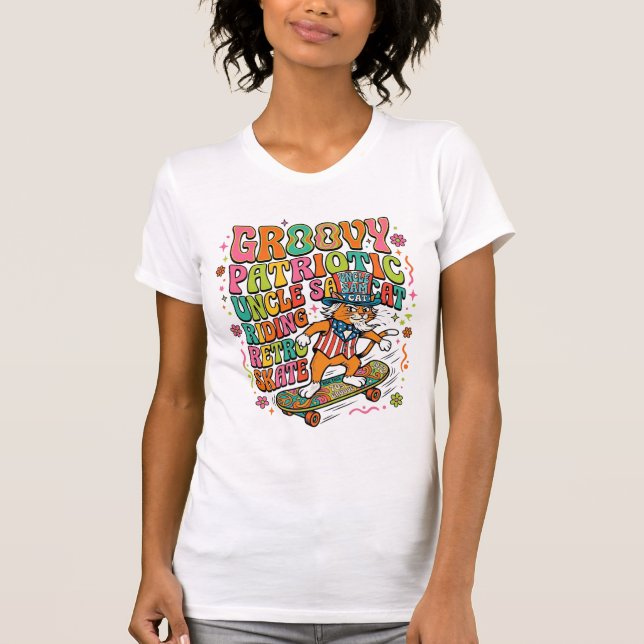 Patriotic Uncle Sam Cat Retro Typography T-Shirt ( (Front)