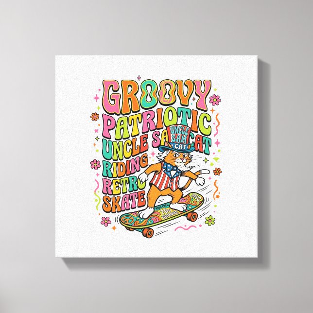 Patriotic Uncle Sam Cat Retro Typography T-Shirt ( Canvas Print (Front)