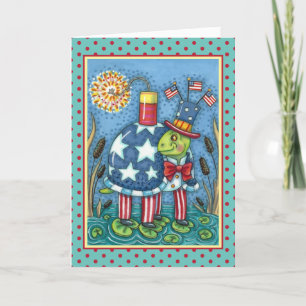 PATRIOTIC UNCLE SAM TURTLE, FUNNY FIRECRACKER Cute Holiday Card