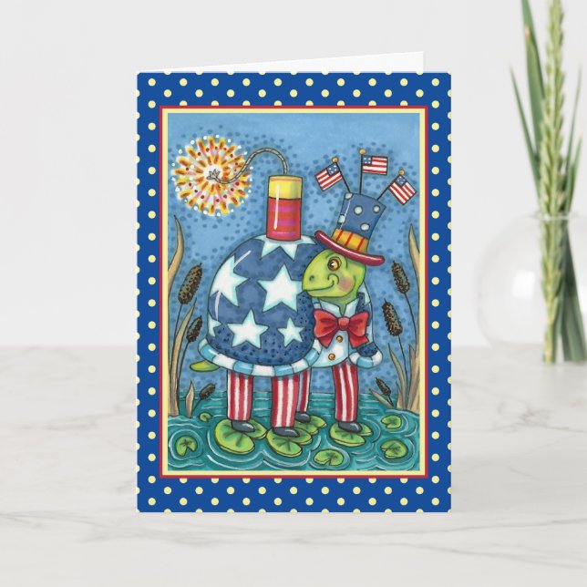 PATRIOTIC UNCLE SAM TURTLE, FUNNY FIRECRACKER Cute Holiday Card (Front)
