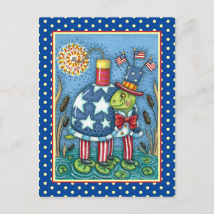 PATRIOTIC UNCLE SAM TURTLE, FUNNY FIRECRACKER Cute Holiday Postcard